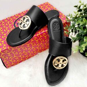 Tory Burch Designer Benton Black Sandals Slide Thong Flip Flop Size 7.5